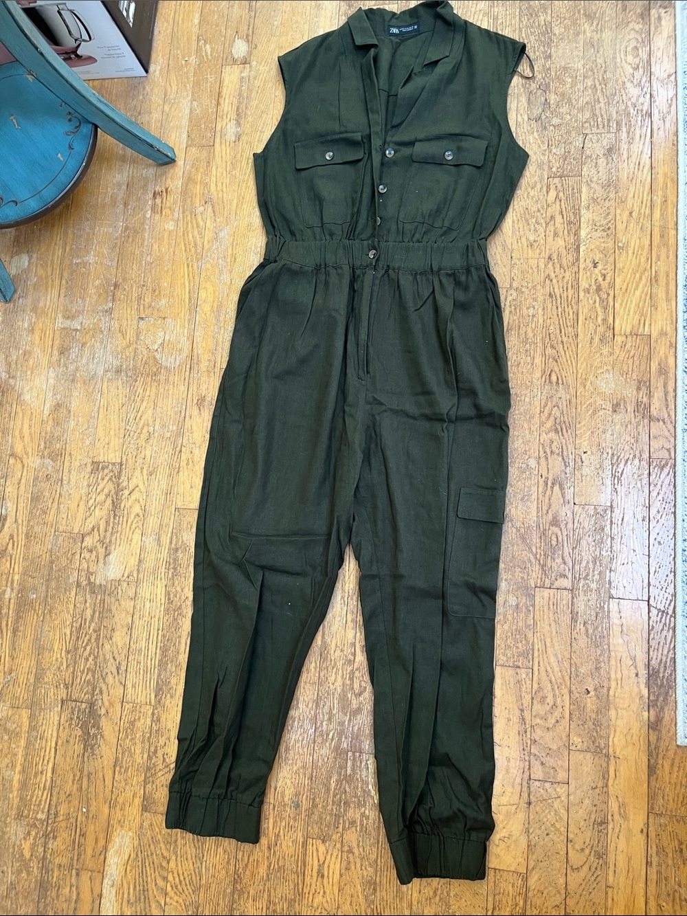 Zara Olive Green Sleeveless Utility Jumpsuit